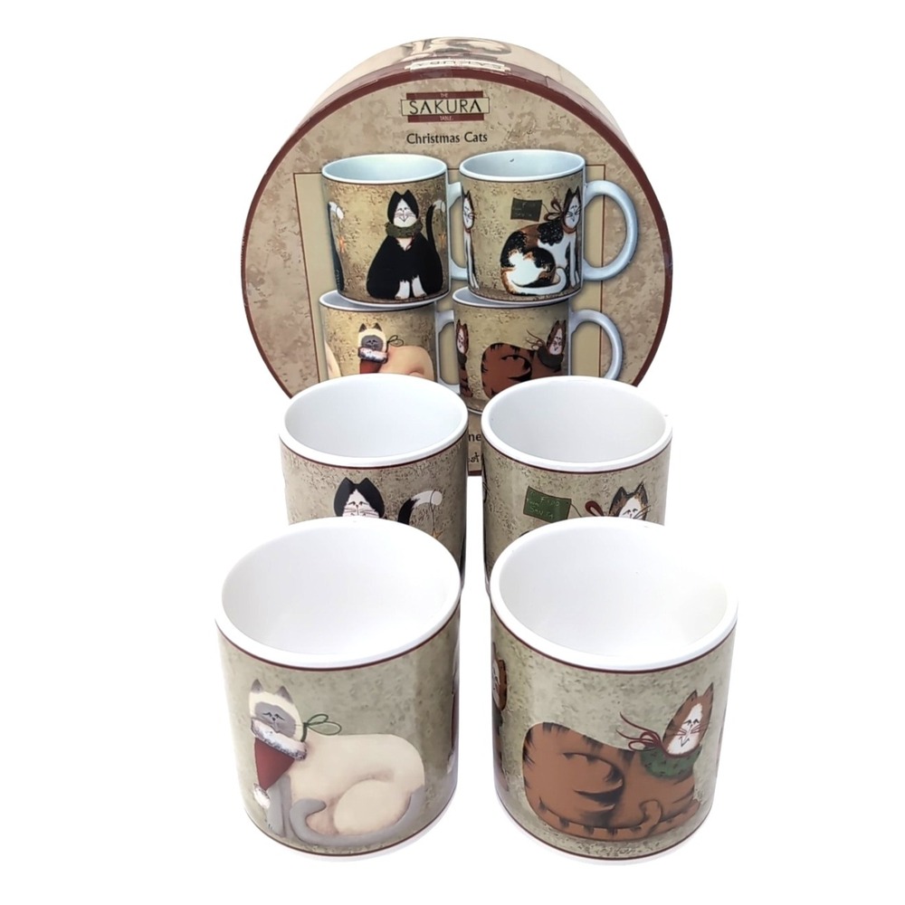 VTG 90s SAKURA Oneida Fiddlesticks Stoneware Mugs Christmas Cats Set of 4 in Box